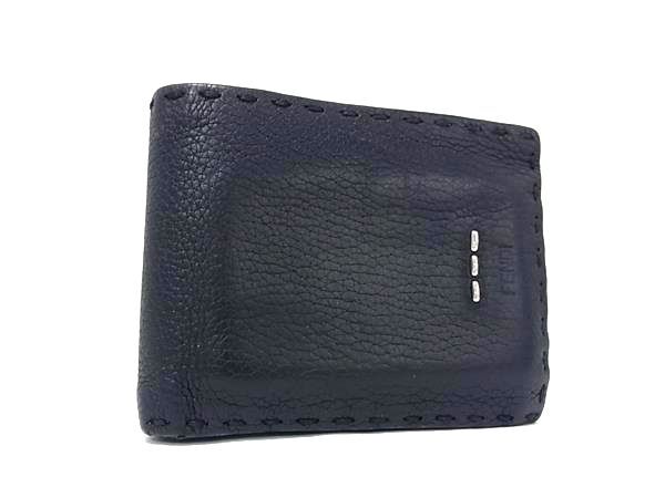 1円 FENDI フェンディ セレリア レザー 二つ折り 財布 ウォレット 札入れ 小銭入れ カード入れ メンズ ブラック系 BV0191拍卖
