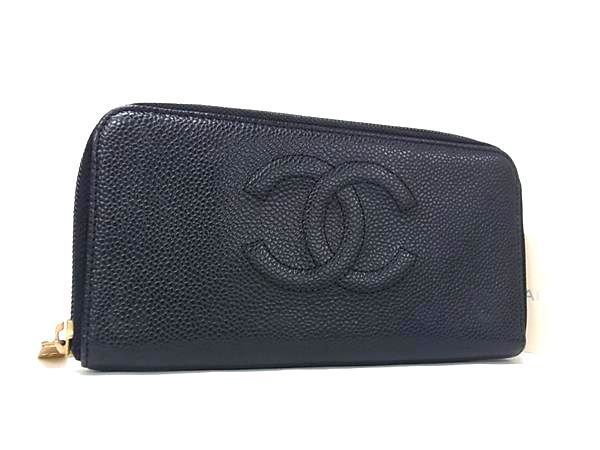 1円 CHANEL シャネル ココマーク キャビアスキン ラウンドファスナー 長財布 ウォレット 小銭入れ 札入れ カード入れ ブラック系 HC1335拍卖