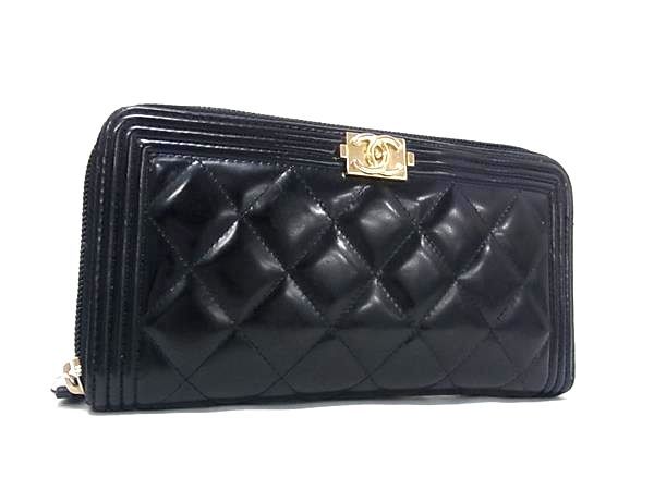 1円 CHANEL シャネル ココマーク ボーイシャネル マトラッセ レザー ラウンドファスナー 長財布 ウォレット 小銭入れ ブラック系 HB1724拍卖
