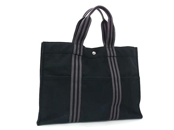 1円 HERMES エルメス フールトゥGM キャンバス シルバー金具 トートバッグ ハンドバッグ メンズ レディース ブラック系×グレー系 FQ8280拍卖