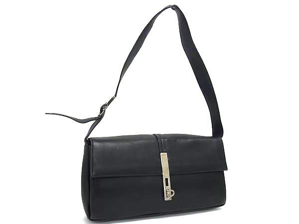 1円 Salvatore Ferragamo フェラガモ E21 8734 ガンチーニ レザー クロスボディ ショルダーバッグ 斜め掛け ブラック系 FQ8243拍卖