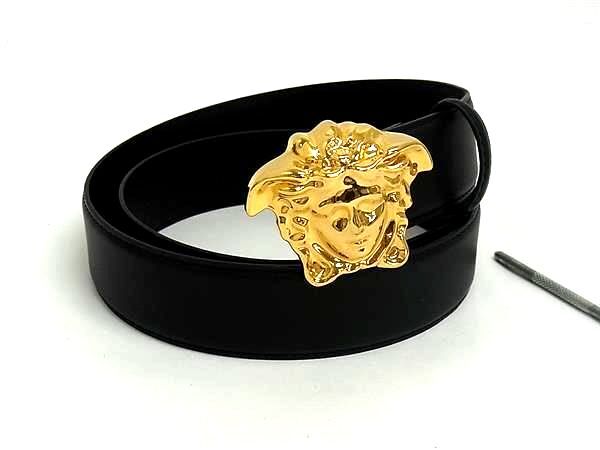 1円 ■極美品■ VERSACE ヴェルサーチ メデューサ レザー ゴールド金具 ベルト 表記サイズ 90/36 レディース メンズ ブラック系 FX8607拍卖