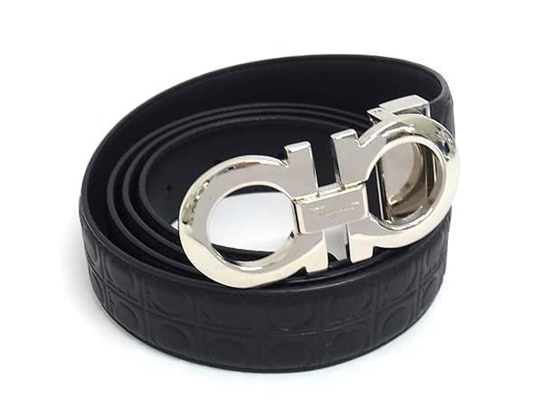 1円 ■極美品■ Salvatore Ferragamo フェラガモ ダブルガンチーニ レザー シルバー金具 ベルト 表記サイズ 110 メンズ ブラック系 FX8552拍卖