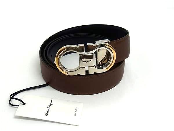 1円 ■美品■ Salvatore Ferragamo フェラガモ ダブルガンチーニ レザー リバーシブル ベルト メンズ ブラウン系×ブラック系 FX8401拍卖
