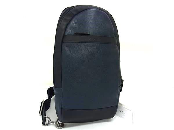 1円 ■極美品■ COACH コーチ F71344 レザー×メッシュ ボディバッグ バックパック ショルダー 斜め掛けかばん メンズ ネイビー系 BS5876拍卖
