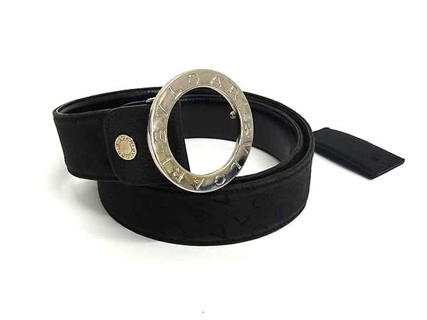 1円 BVLGARI ブルガリ ロゴマニア レザー×キャンバス シルバー金具 ベルト 表記サイズ 105/42 メンズ ブラック系 FX8234拍卖