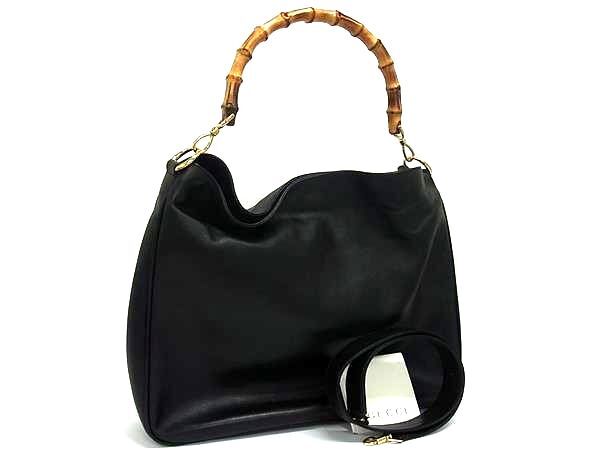 1円 ■美品■ GUCCI グッチ 001 200182 1577 バンブー レザー 2WAY ハンドバッグ ショルダーバッグ 肩掛け レディース ブラック系 GD0925拍卖