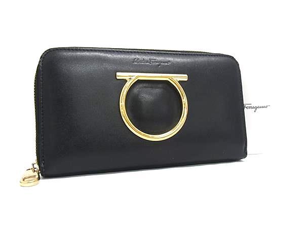 1円 ■美品■ Salvatore Ferragamo フェラガモ ガンチーニ レザー ラウンドファスナー 長財布 ウォレット 小銭入れ ブラック系 FX7827拍卖