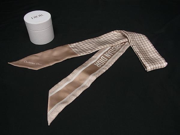 1円 ■美品■ ChristianDior クリスチャンディオール ミッツァ シルク 千鳥柄 リボンスカーフ レディース ブラウン系 HA9422拍卖