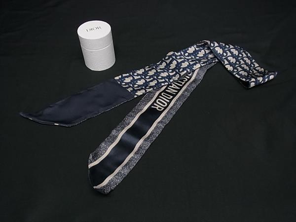 1円 ■美品■ ChristianDior クリスチャンディオール トロッター ミッツァ シルク100% リボンスカーフ ネイビー系 HA9169拍卖