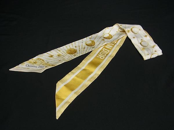 1円 ■美品■ ChristianDior クリスチャンディオール ミッツァ スター 星 ムーン 月 リボンスカーフ イエロー系×アイボリー系 HA9280拍卖