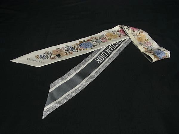 1円 ChristianDior クリスチャンディオール ミッツァ シルク100% フラワー 花柄 リボンスカーフ アイボリー系×マルチカラー HA9279拍卖