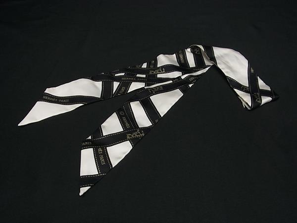 1円 ■美品■ HERMES エルメス ボルデュック ツイリー シルク100% リボンスカーフ レディース メンズ オフホワイト系×ブラック系 HA9166拍卖