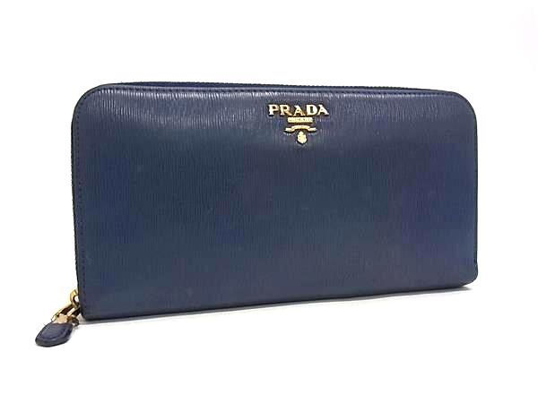 1円 PRADA プラダ レザー ラウンドファスナー 長財布 ウォレット 小銭入れ 札入れ カード入れ レディース ネイビー系 HA9551拍卖