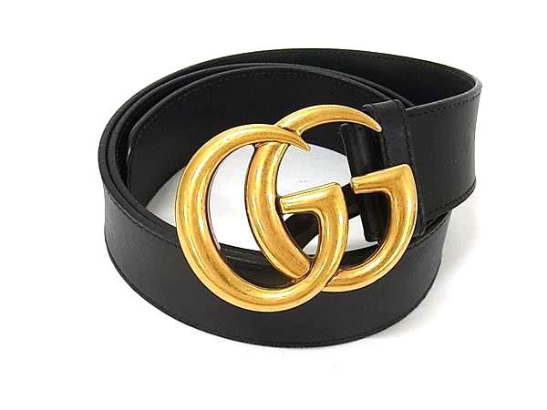 1円 GUCCI グッチ 400593 GGマーモント レザー ゴールド金具 ベルト 表記サイズ 95・38 メンズ レディース ブラック系 HA5160拍卖