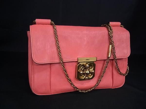 1円 Chloe クロエ エルシー レザー チェーン ショルダーバッグ クロスボディ レディース コーラル系 FZ2335拍卖