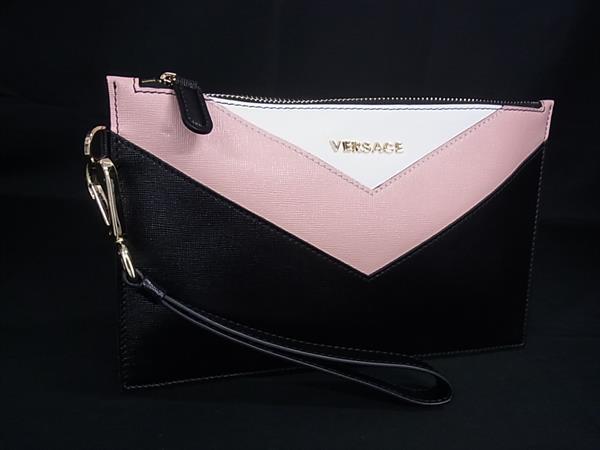 1円 ■美品■ VERSACE ヴェルサーチ レザー クラッチバッグ セカンドバッグ メンズ レディース ブラック系×マルチカラー BU0340拍卖