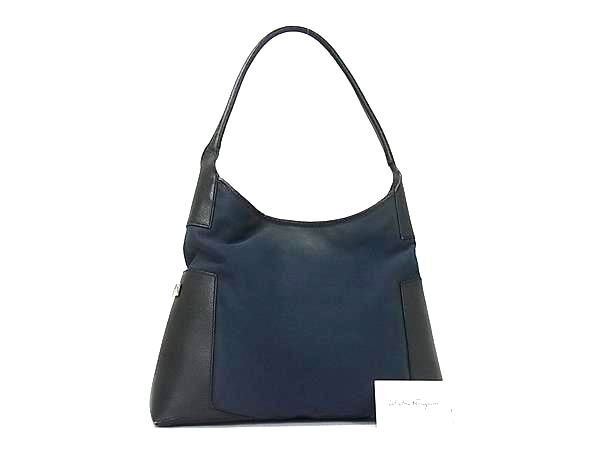1円 Salvatore Ferragamo フェラガモ AU-21 1208 キャンバス×レザー ワンショルダー ショルダーバッグ 肩掛けかばん ネイビー系 HA9781拍卖