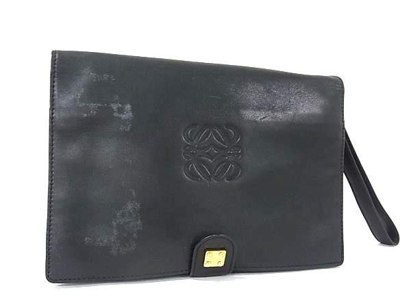 1円 LOEWE ロエベ アナグラム レザー クラッチバッグ セカンドバッグ マルチポーチ レディース ブラック系 HA9799拍卖