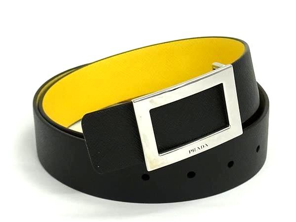 1円 ■極美品■ PRADA プラダ サフィアーノレザー リバーシブル ベルト メンズ ブラック系×イエロー系 FX8758拍卖