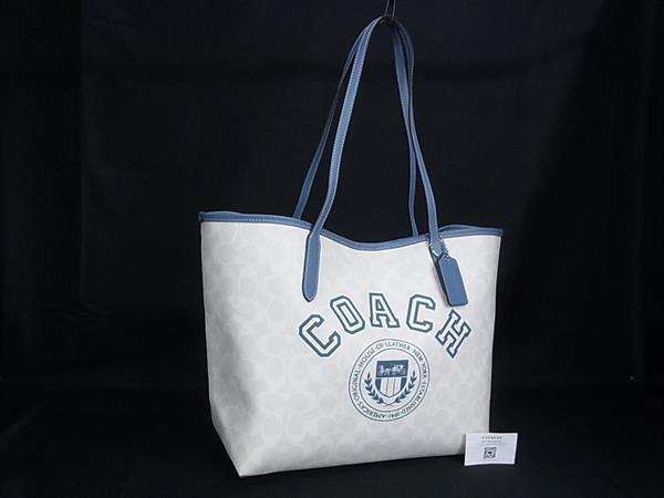 1円 ■美品■ COACH コーチ CB869 シティ トート シグネチャー PVC×レザー トートバッグ ショルダー ホワイト系×ブルー系 HA8611拍卖