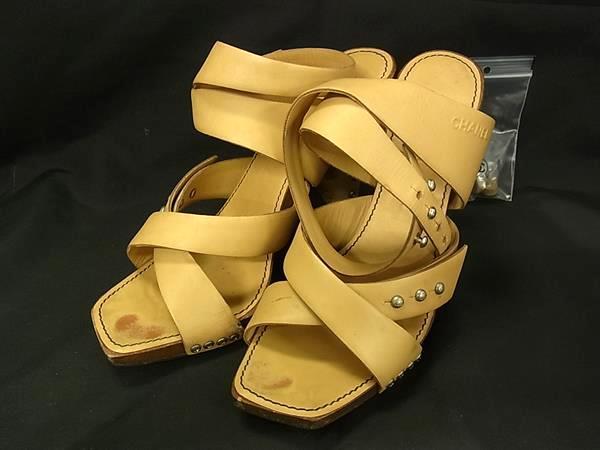 1円 CHANEL シャネル ロゴ レザー ヒール サンダル 表記サイズ35 1/2 (約22.5cm) 靴 シューズ レディース ブラウン系 FX9011拍卖