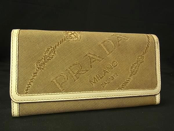 1円 PRADA プラダ ジャガード キャンバス 二つ折り 長財布 ウォレット 札入れ 小銭入れ カード入れ レディース ブラウン系 BU0659拍卖