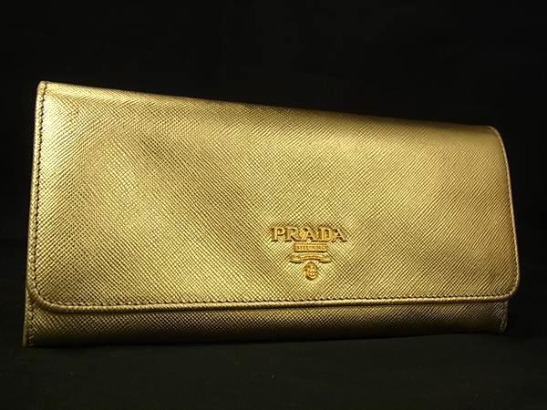 1円 ■美品■ PRADA プラダ サフィアーノレザー 二つ折り 長財布 ウォレット 札入れ カード入れ 小銭入れ レディース ゴールド系 FX8713拍卖