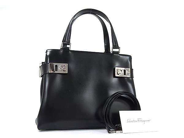 1円■極美品■ Salvatore Ferragamo フェラガモ AQ-21 0167 ガンチーニ レザー 2WAY ハンドバッグ ショルダー 斜め掛け ブラック系 HA9146拍卖