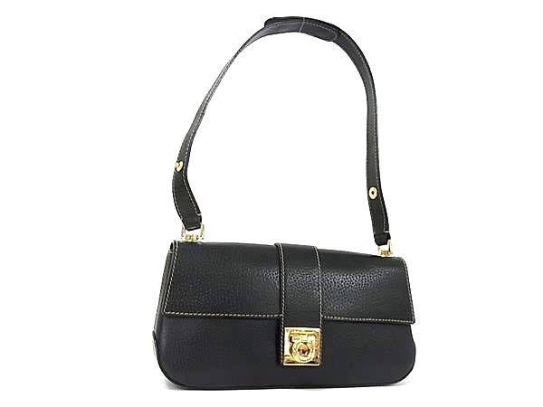 1円 ■美品■ Salvatore Ferragamo フェラガモ AB-21 1827 ガンチーニ レザー ワンショルダーバッグ ハンドバッグ ブラック系 FQ8412拍卖