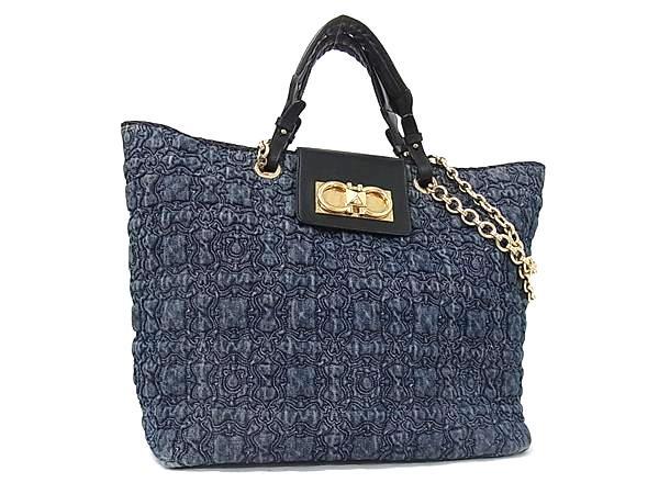 1円 ■美品■ Salvatore Ferragamo フェラガモ ダブルガンチーニ キャンバス×レザー ハンドバッグ トート ショルダー ブルー系 FQ8364拍卖