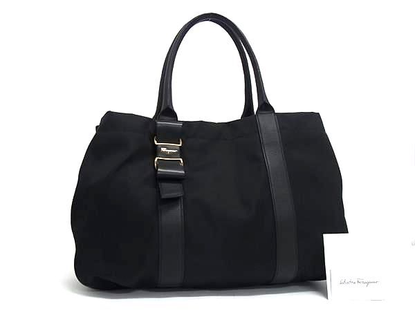 1円 Salvatore Ferragamo フェラガモ GG21D395 ナイロン×レザー ハンドバッグ トート ショルダー 肩掛け レディース ブラック系 FQ8597拍卖