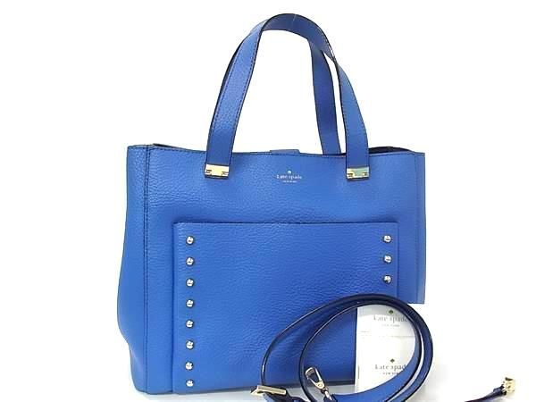 1円 ■極美品■ kate spade ケイトスペード PXRU7498 レザー スタッズ 2WAY トートバッグ ショルダー ブルー系×ゴールド系 FQ8601拍卖