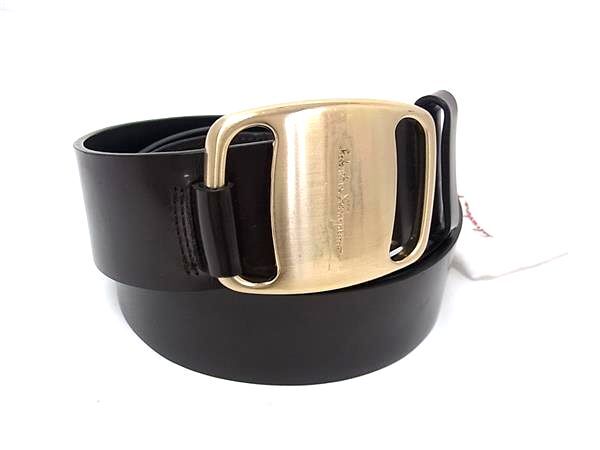 1円 ■美品■ Salvatore Ferragamo フェラガモ ヴァラ レザー ゴールド金具 ベルト 表記サイズ 90 メンズ レディース ブラウン系 FQ8512拍卖