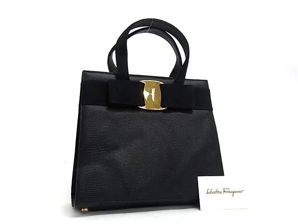 1円 ■美品■ Salvatore Ferragamo フェラガモ BA214178 ヴァラリボン レザー ハンドバッグ トートバッグ レディース ブラック系 BQ5391拍卖