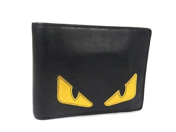 1円 FENDI フェンディ バグズアイ モンスター レザー 二つ折り 財布 ウォレット 小銭入れ 札入れ カード入れ メンズ ブラック系 FW5864拍卖