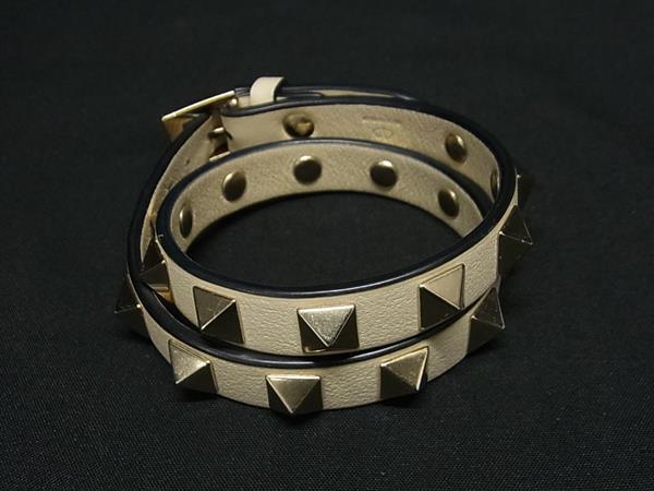 1円 VALENTINO ヴァレンティノ ロックスタッズ レザー 2連 ブレスレット アクセサリー レディース アイボリー系 FQ8864拍卖