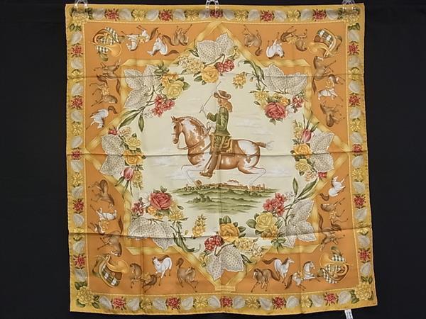 1円 ■極美品■ Salvatore Ferragamo フェラガモ シルク100% 総柄 大判 スカーフ ストール ショール オレンジ系×マルチカラー FQ8769拍卖