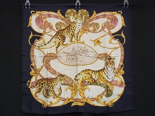 1円 ■美品■ Salvatore Ferragamo フェラガモ シルク100% 大判 アニマル柄 ヒョウ スカーフ ストール ショール ネイビー系 FX8002拍卖