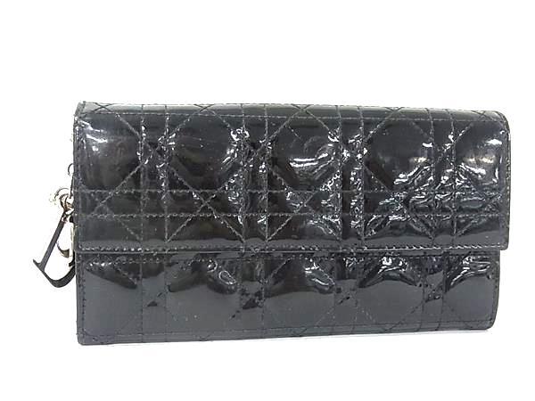 1円 ChristianDior クリスチャンディオール レディディオール カナージュ パテントレザー 二つ折り 長財布 ウォレット ブラック系 FX9221拍卖