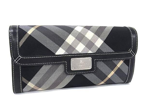 1円 ■美品■ BURBERRY バーバリー キャンバス×レザー チェック柄 二つ折り 長財布 ウォレット 札入れ 小銭入れ グレー系 FX9210拍卖