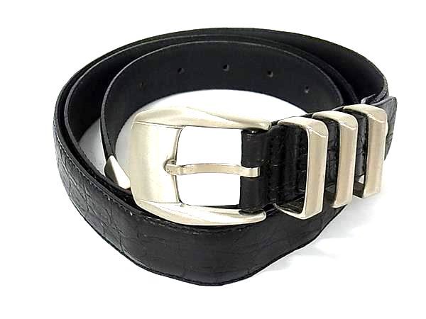 1円 GIANNI VERSACE ジャンニ ヴェルサーチ クロコダイル型押しレザー シルバー金具 ベルト 表記サイズ 110/44 メンズ ブラック系 BQ5425拍卖