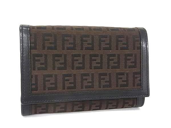 1円 ■美品■ FENDI フェンディ ズッキーノ ズッカ柄 キャンバス×レザー 二つ折り 財布 ウォレット ブラウン系×ブラック系 FX9285拍卖
