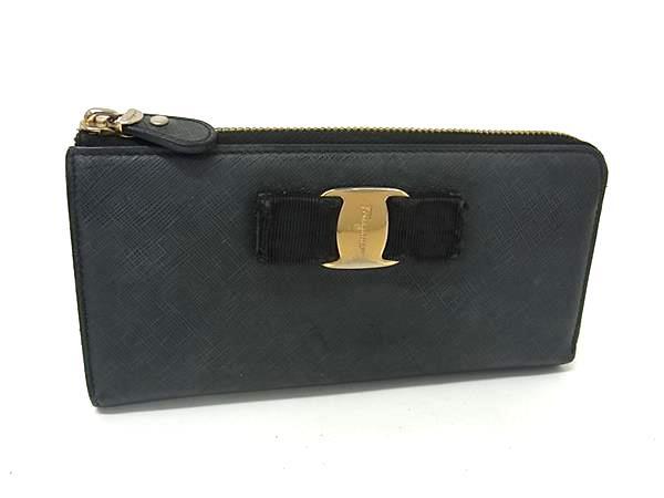 Salvatore Ferragamo フェラガモ jp.22.c124 ヴァラリボン レザー ラウンドファスナー 長財布 ウォレット 小銭入れ ブラック系 DN1510拍卖