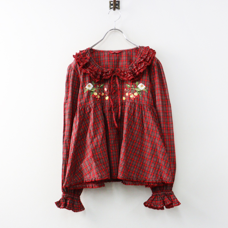 定価30800円 2024AW ピンクハウス PINK HOUSE 野ばらとチェリー刺繍タータンブラウス レッド/ピコフリル襟 リボン【2400014982558】拍卖