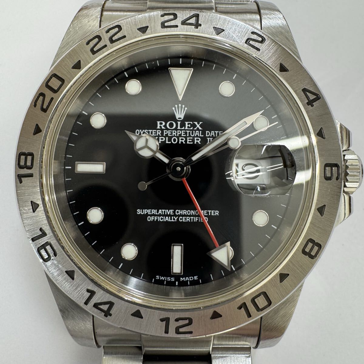 ★ROLEX ロレックス エクスプローラーⅡ デイト メンズ 腕時計 16570 自動巻き 稼動 黒文字盤 ベルト純正 K番 保証書 箱あり 中古品 OB1828拍卖