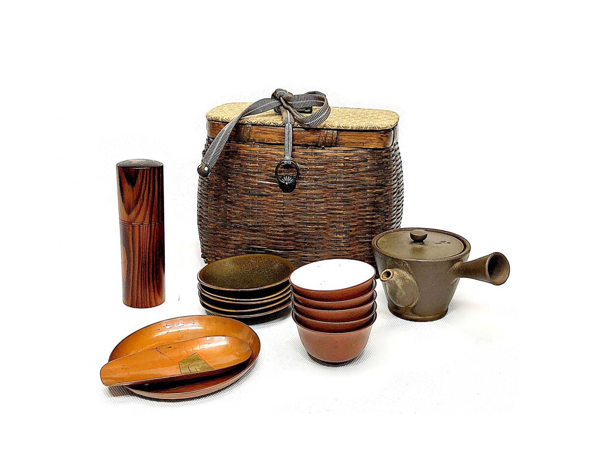 小形時代煎茶具 朱泥横手急須 朱泥碗五客 玉川堂急須盆、茶量 木茶筒 陶器茶托 竹網茶籠拍卖