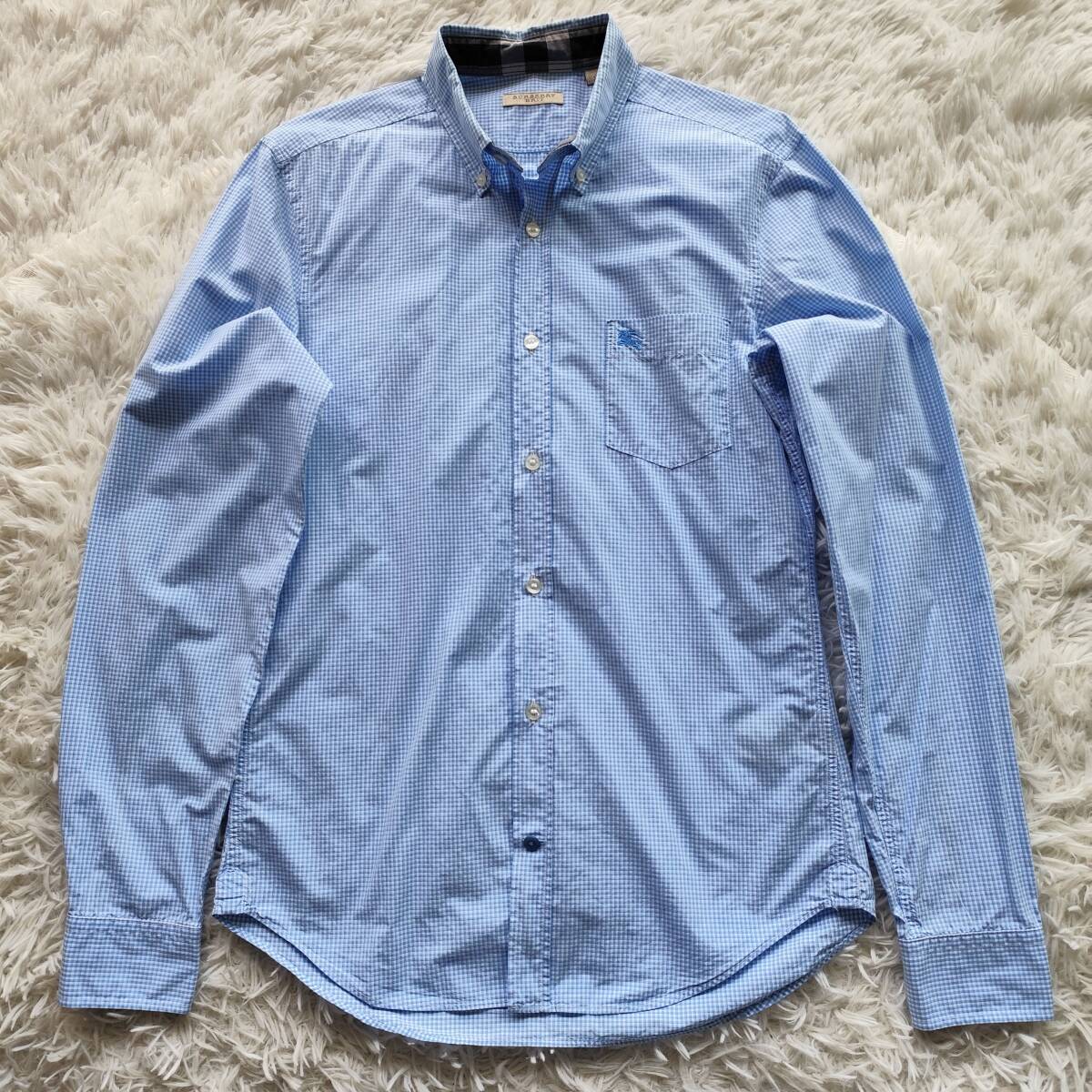 美品 BURBERRY BRIT バーバリー ブリット ボタンダウンシャツ ノバチェック 長袖シャツ ギンガムチェック ホースロゴ コットン 青 M相当 拍卖