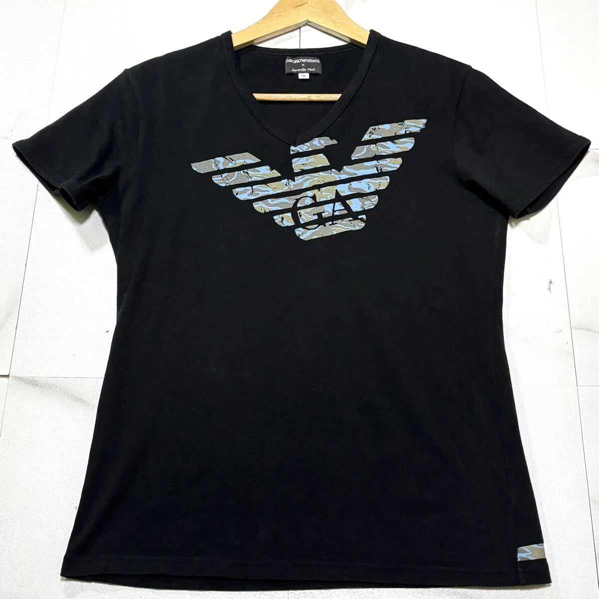 極美品/ XLサイズ EMPORIO ARMANI エンポリオ アルマーニ Tシャツ 半袖 イーグルロゴ BIGロゴ ブラック 黒拍卖