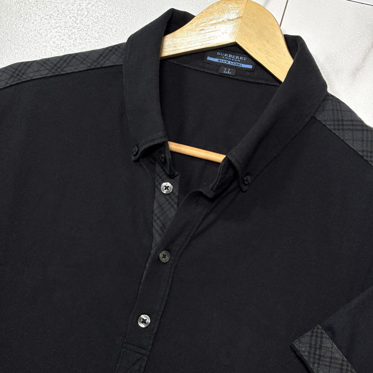 極美品/ LLサイズ BURBERRY LONDON バーバリーロンドン ポロシャツ 半袖 ノバチェック ストレッチ ブラック 黒拍卖